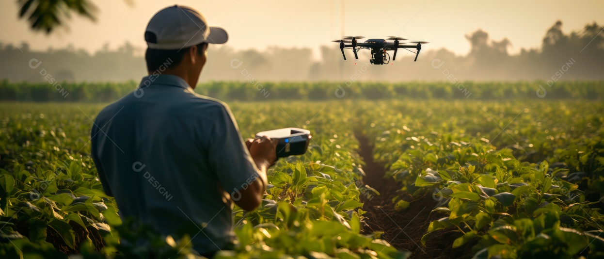 Agricultor usando tecnologia drone na fazenda para analisar IA generativa.