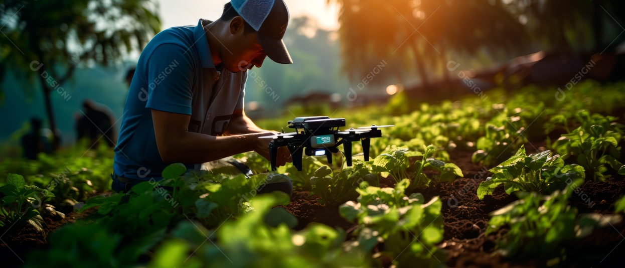 Agricultor usando tecnologia drone na fazenda para analisar IA generativa.