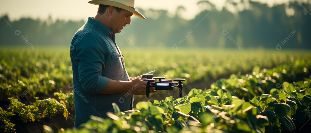 Agricultor usando tecnologia drone na fazenda para analisar IA generativa.