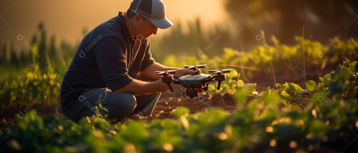 Agricultor usando tecnologia drone na fazenda para analisar IA generativa.