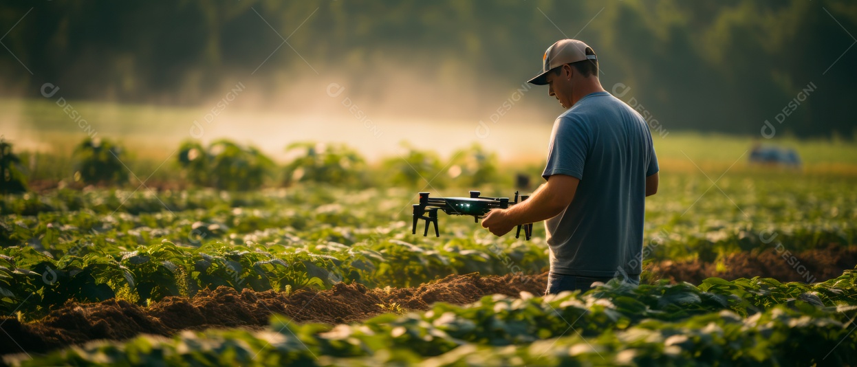 Agricultor usando tecnologia drone na fazenda para analisar IA generativa.