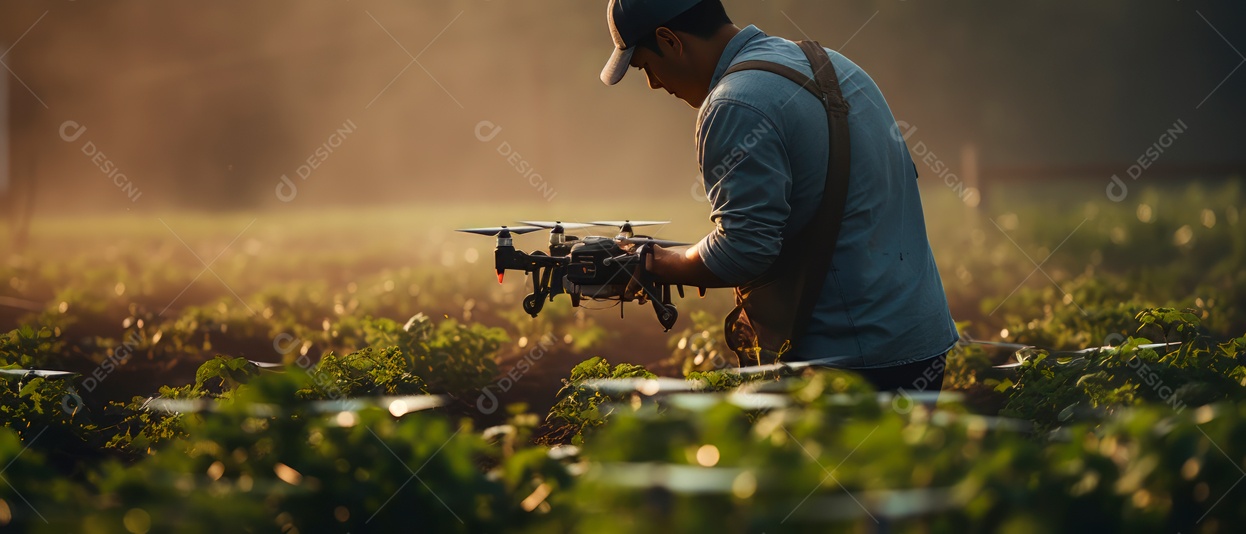 Agricultor usando tecnologia drone na fazenda para analisar IA generativa.