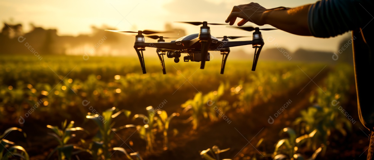 Agricultor usando tecnologia drone na fazenda para analisar IA generativa.