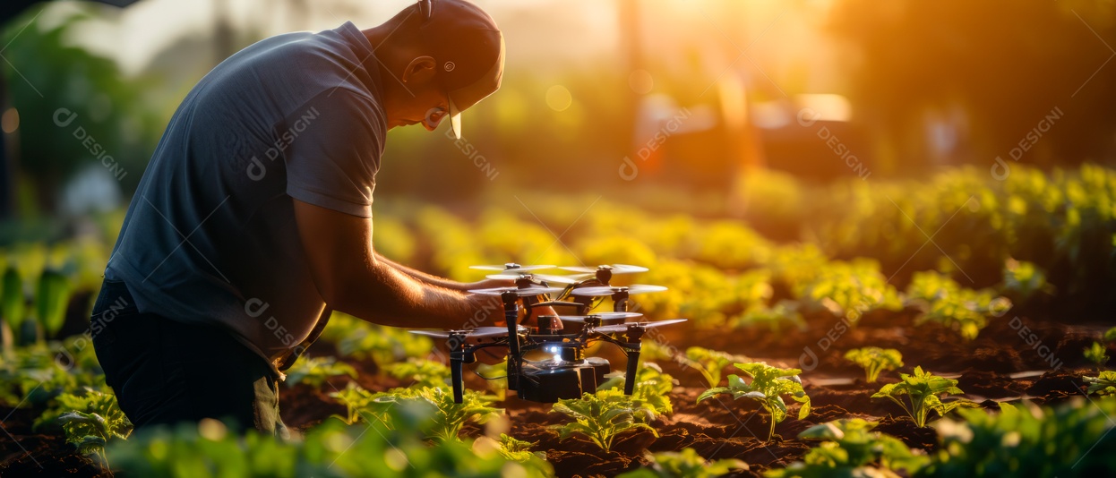 Agricultor usando tecnologia drone na fazenda para analisar IA generativa.