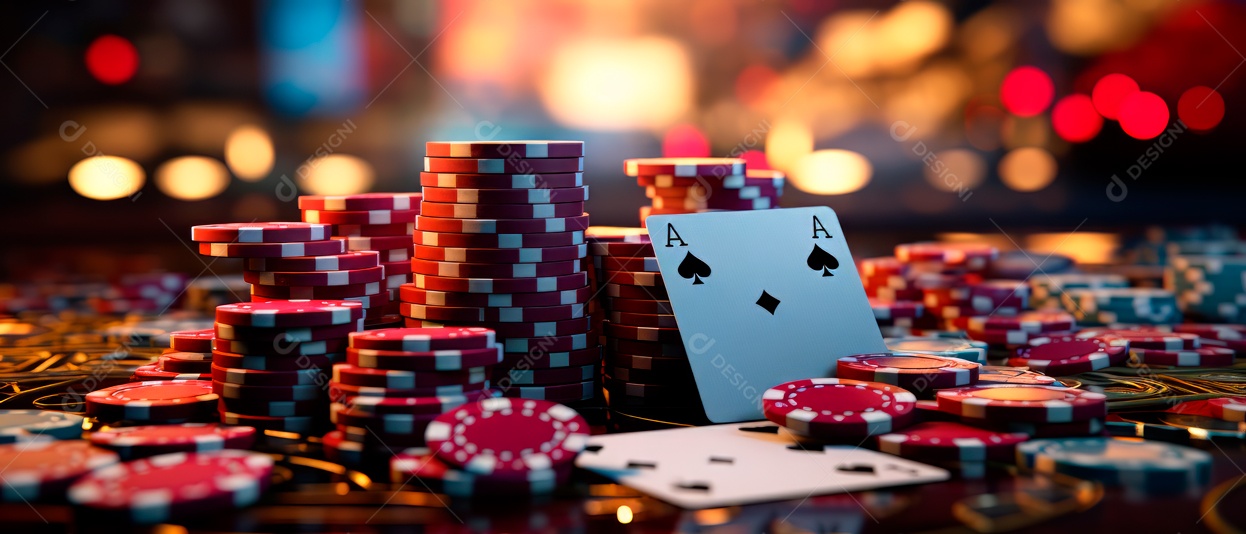 Pilha de fichas de cassino e um baralho de cartas IA generativa.