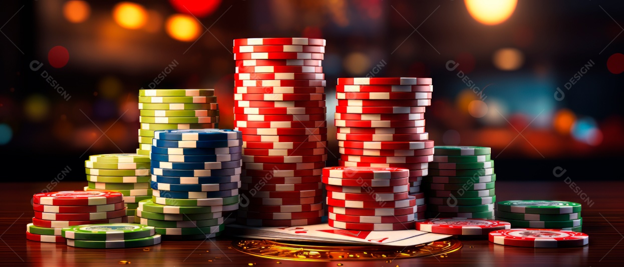 Pilha de fichas de cassino e um baralho de cartas IA generativa.