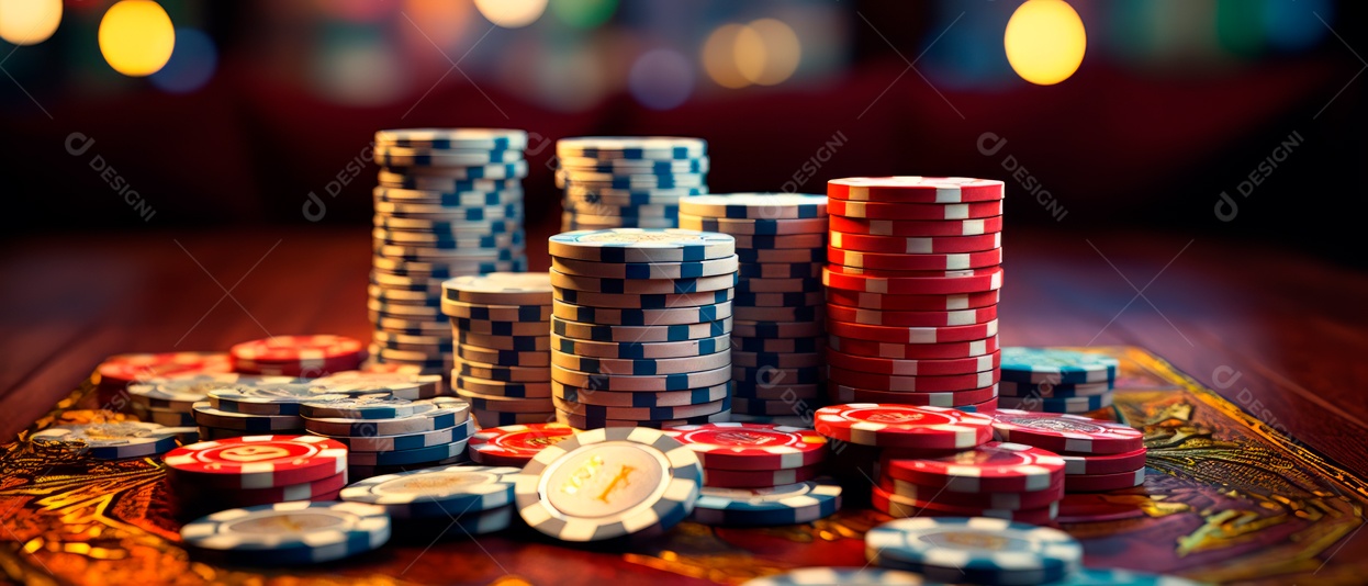 Pilha de fichas de cassino e um baralho de cartas IA generativa.