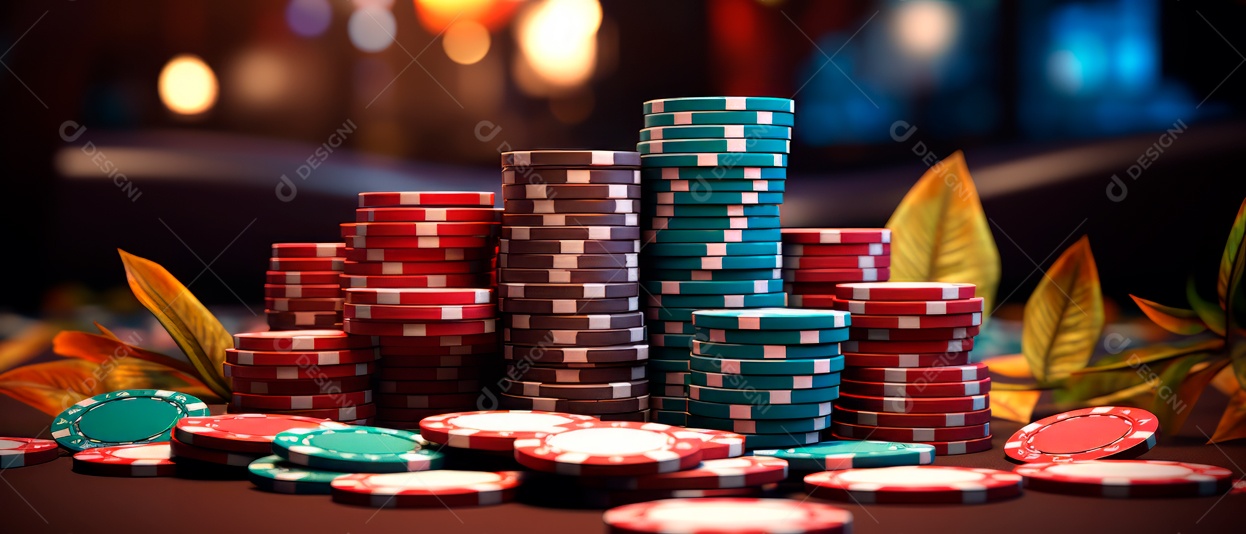 Pilha de fichas de cassino e um baralho de cartas IA generativa.