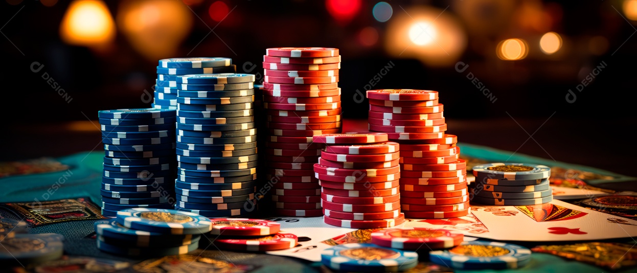 Pilha de fichas de cassino e um baralho de cartas IA generativa.