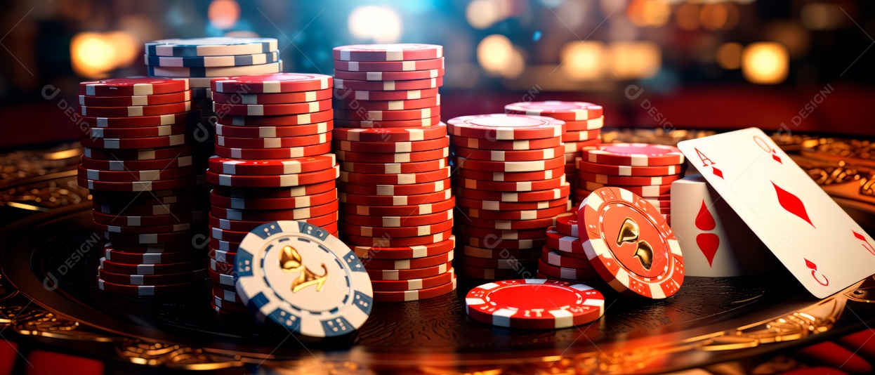 Pilha de fichas de cassino e um baralho de cartas IA generativa.