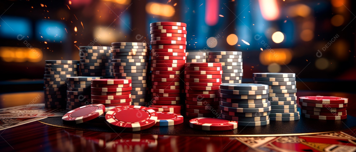 Pilha de fichas de cassino e um baralho de cartas IA generativa.