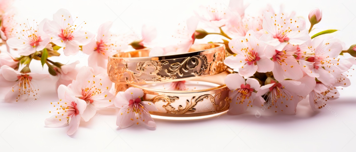 Flores rosa e duas alianças de casamento douradas em IA generativa 3D realista.