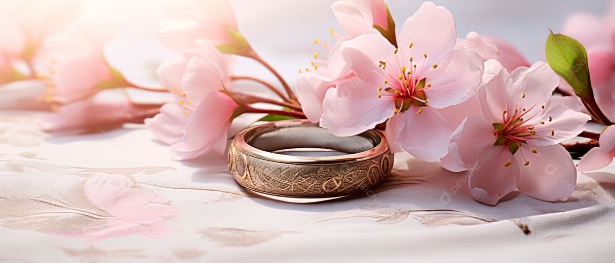 Flores rosa e duas alianças de casamento douradas em IA generativa 3D realista.