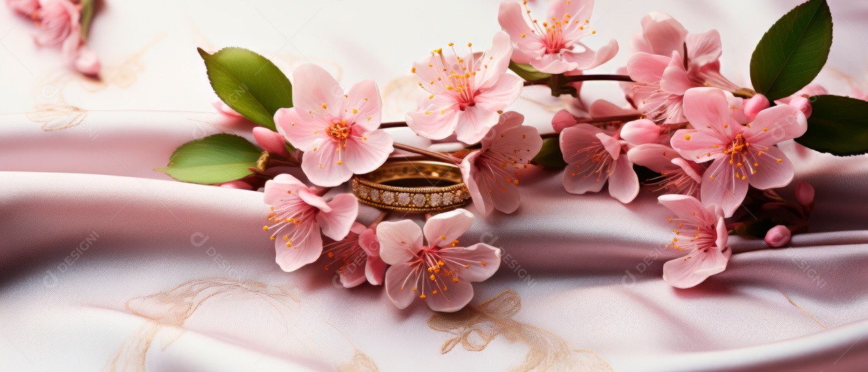 Flores rosa e duas alianças de casamento douradas em IA generativa 3D realista.
