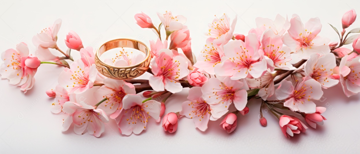 Flores rosa e duas alianças de casamento douradas em IA generativa 3D realista.