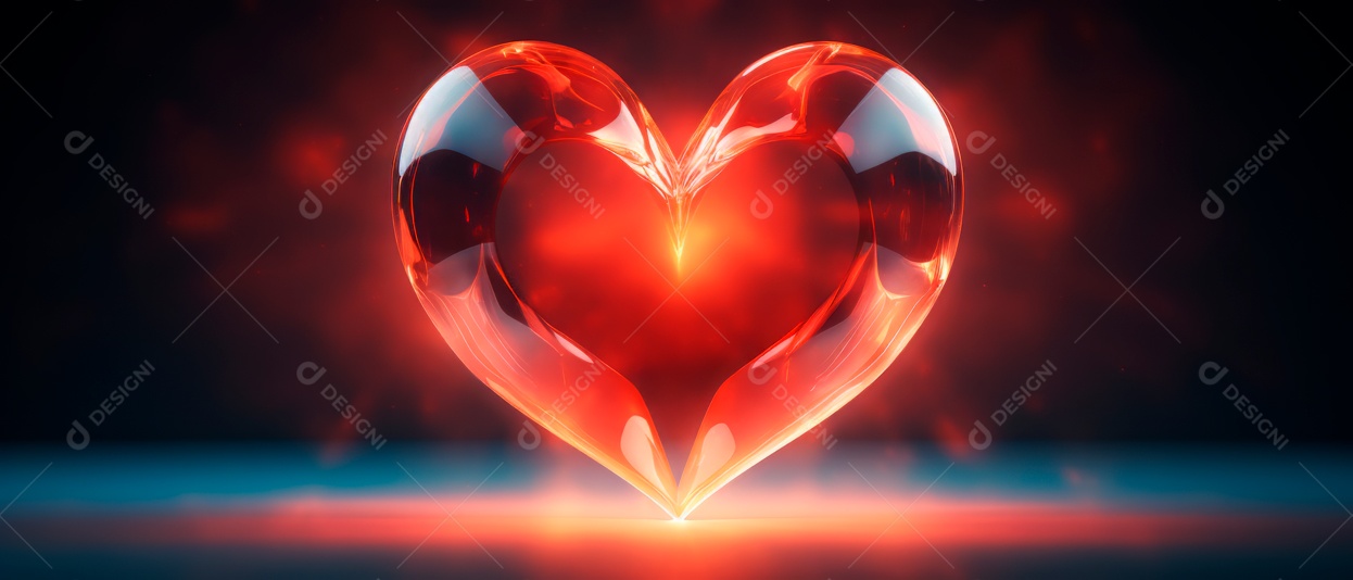 Formato de coração vermelho brilhante e transparente renderizado em 3D.