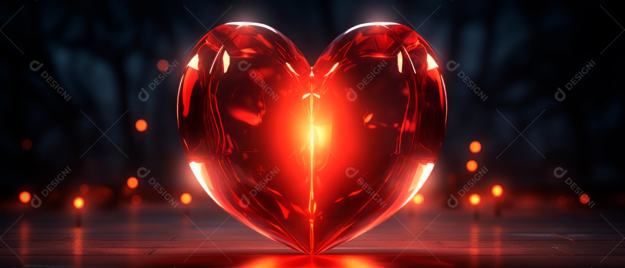 Formato de coração vermelho brilhante e transparente renderizado em 3D.