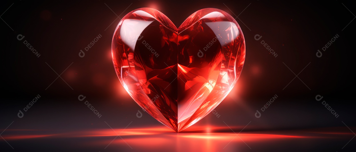 Formato de coração vermelho brilhante e transparente renderizado em 3D.