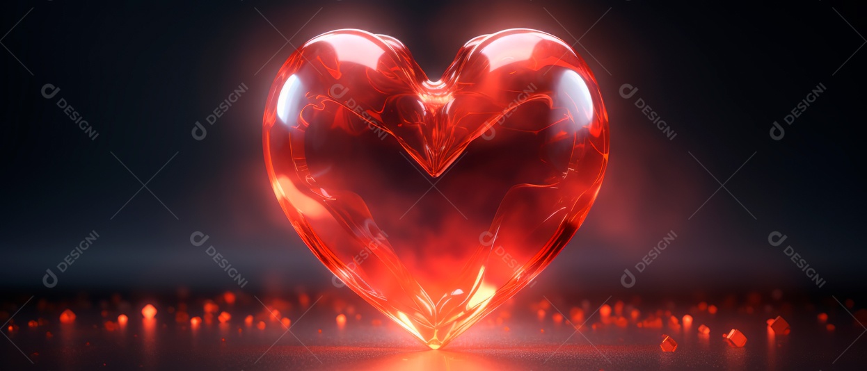 Formato de coração vermelho brilhante e transparente renderizado em 3D.