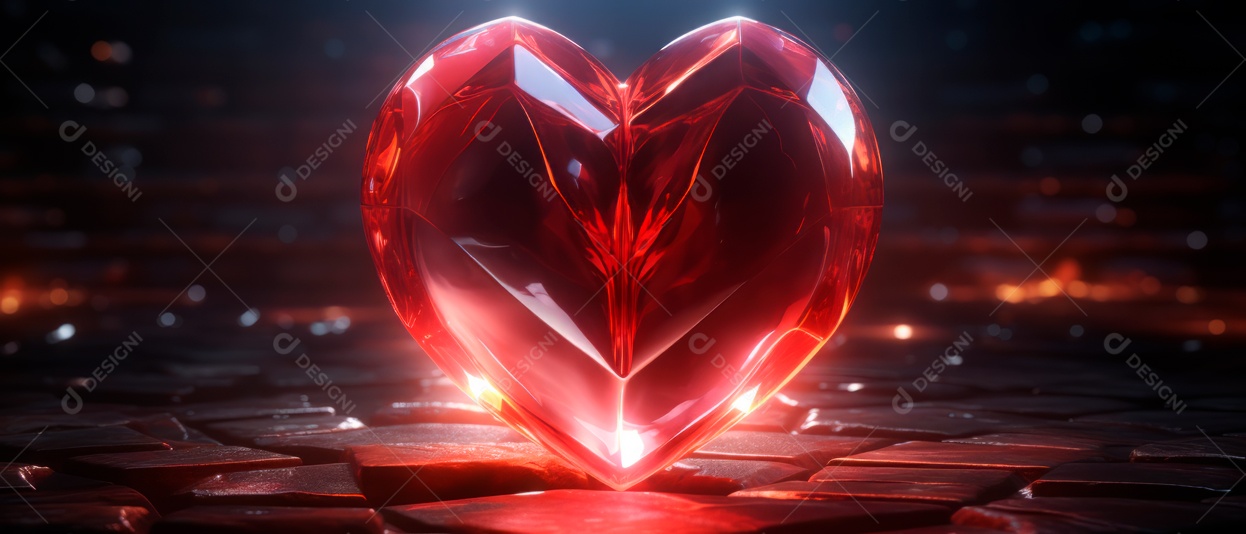 Formato de coração vermelho brilhante e transparente renderizado em 3D.