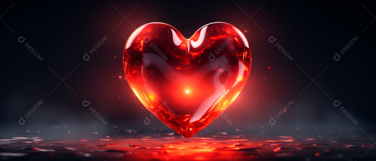 Formato de coração vermelho brilhante e transparente renderizado em 3D.