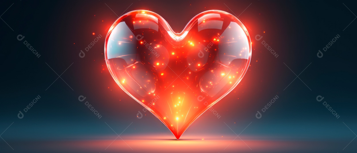 Formato de coração vermelho brilhante e transparente renderizado em 3D.