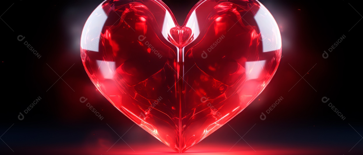 Formato de coração vermelho brilhante e transparente renderizado em 3D.