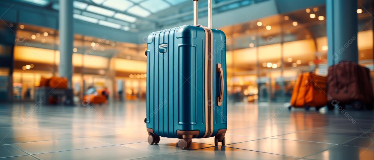 Mala de bagagem de viagem no terminal de partida vazio ar realista 3D Generative AI.