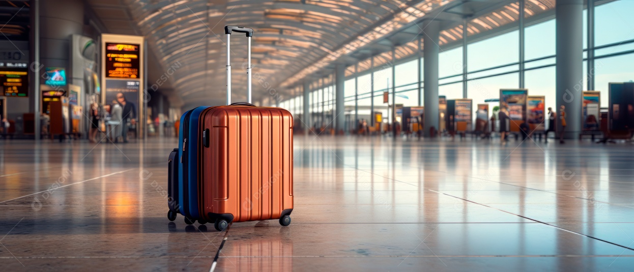 Mala de bagagem de viagem no terminal de partida vazio ar realista 3D Generative AI.