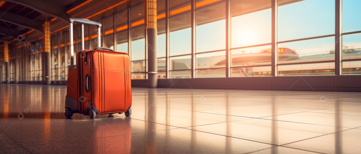 Mala de bagagem de viagem no terminal de partida vazio ar realista 3D Generative AI.