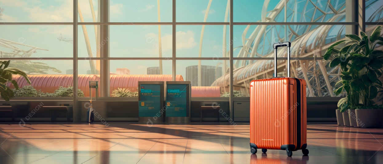 Mala de bagagem de viagem no terminal de partida vazio ar realista 3D Generative AI.