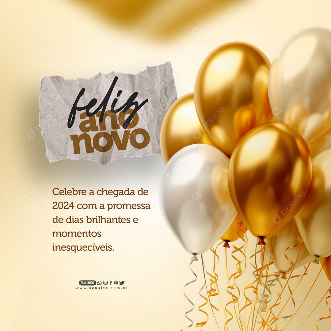Feliz Ano Novo Celebre a Chegada de 2024 com a Promessa de Dias Brilhantes Social Media PSD Editável