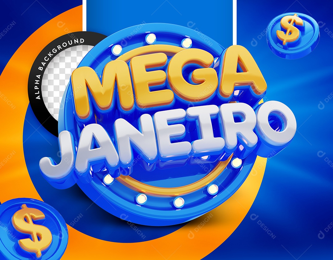 Selo 3D Azul Mega Janeiro Para Composição PSD
