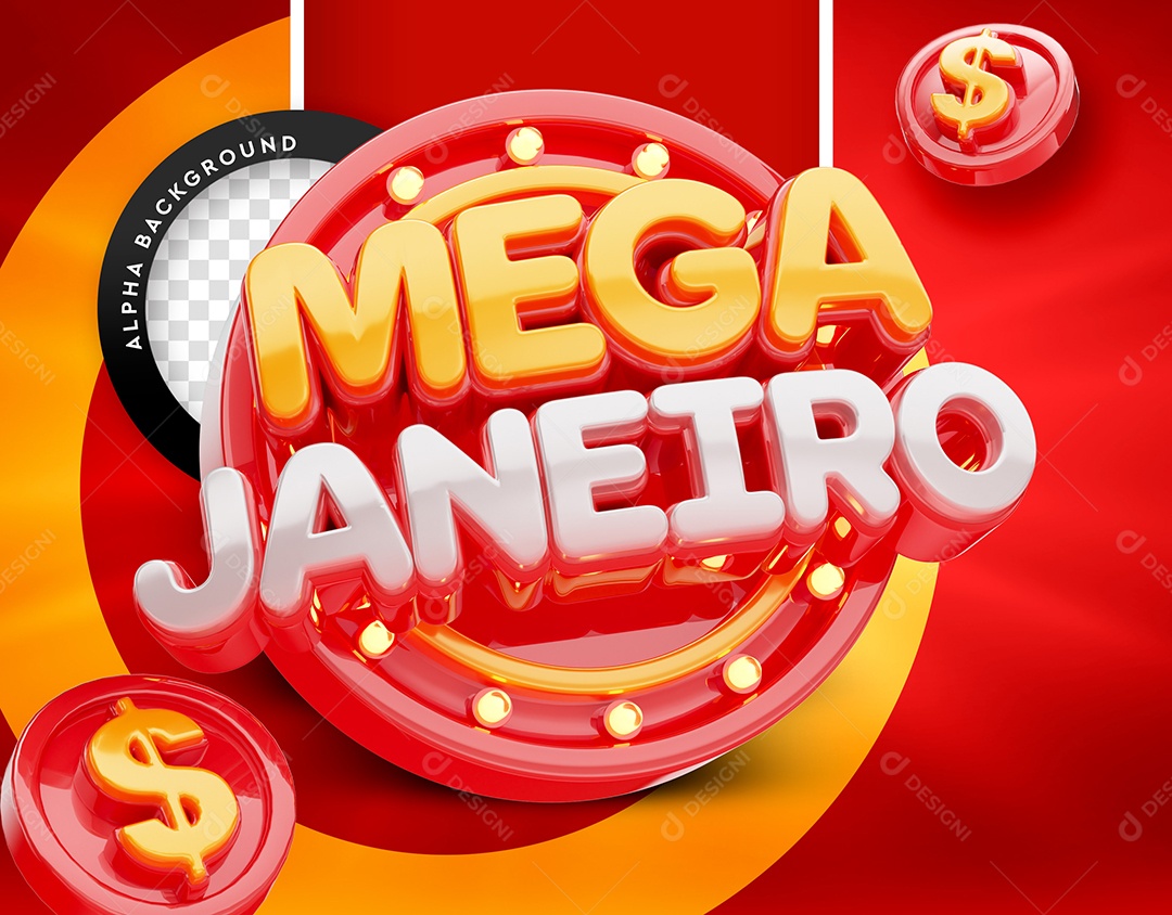 Selo 3D Vermelho Mega Janeiro Para Composição PSD