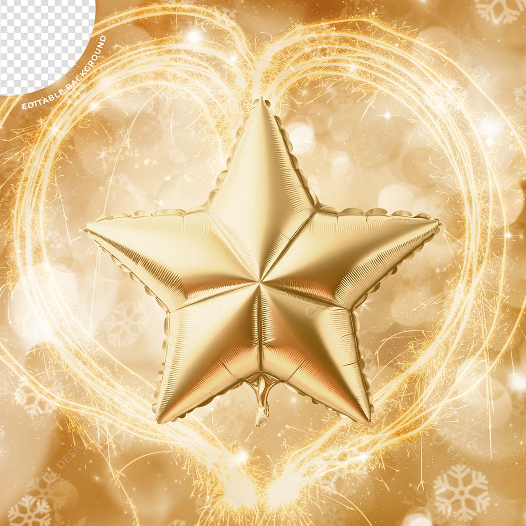 Balão de Estrela Ano Novo Elemento 3D Dourado para Composição PSD