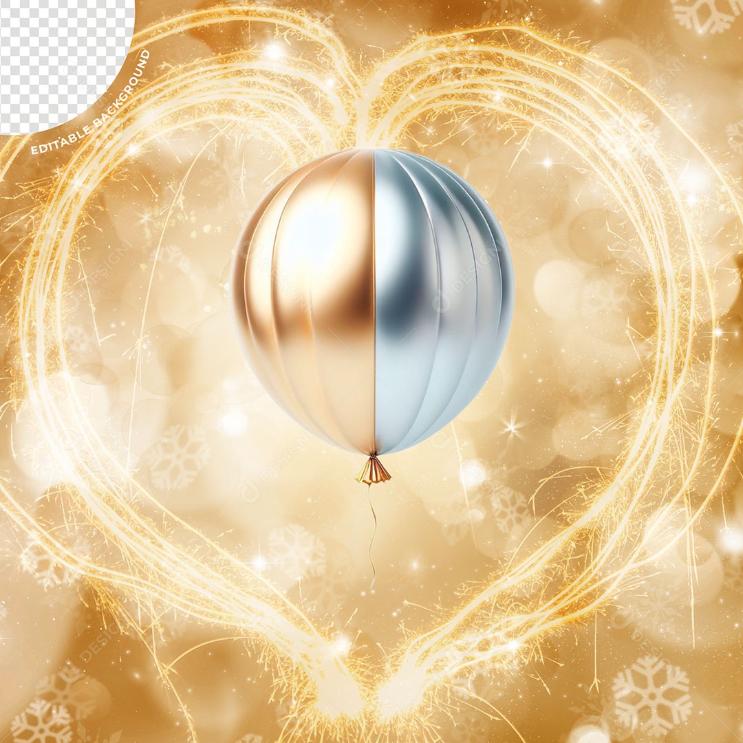 Balão de Ano Novo Elemento 3D Dourado Prata para Composição PSD