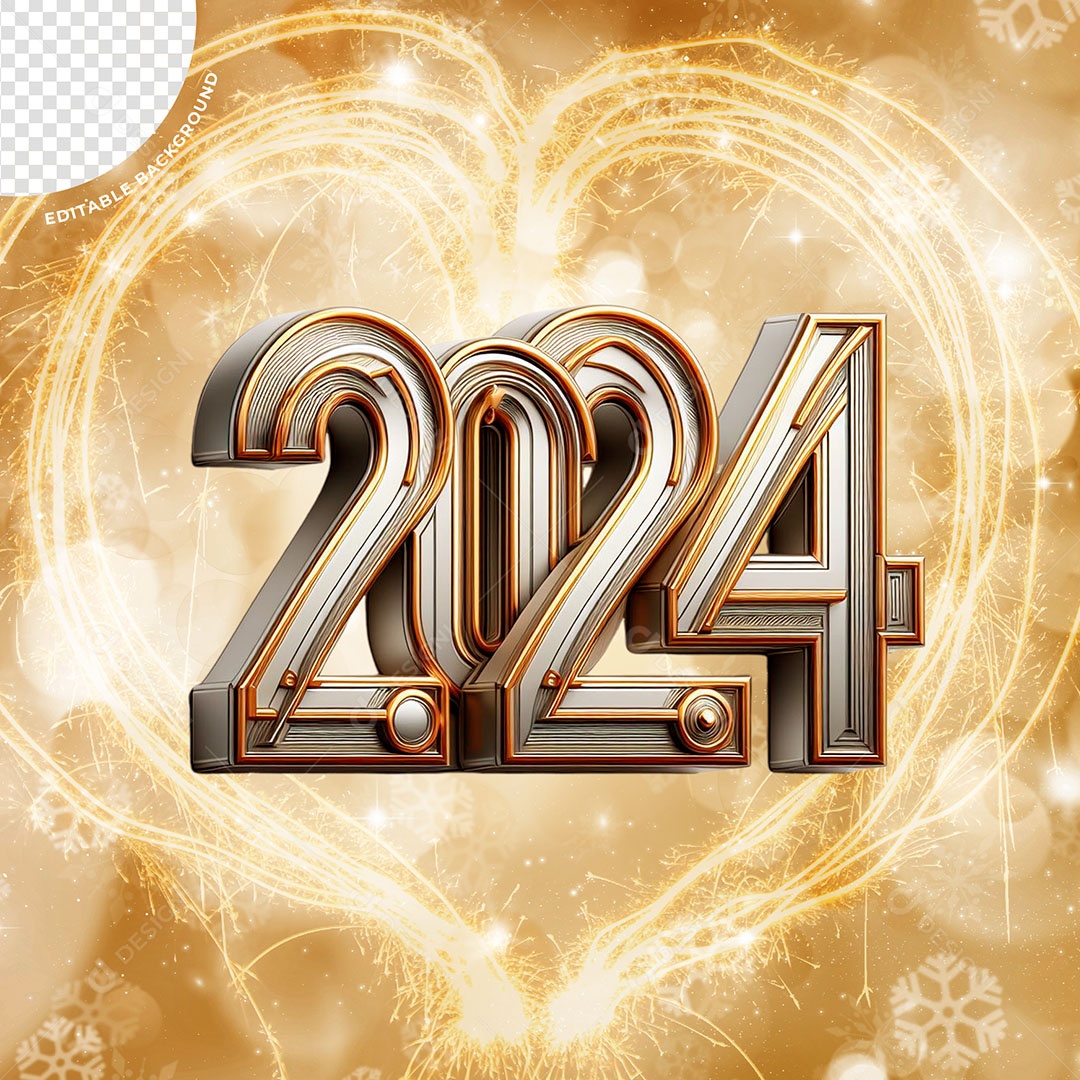 Número 2024 Ano Novo Elemento 3D Dourado Prata para Composição PSD