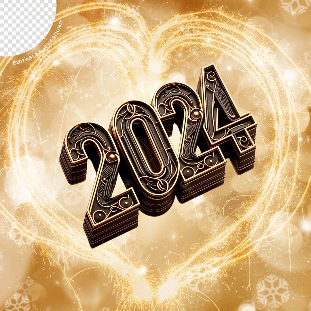 Número 2024 Preto Dourado de Ano Novo Elemento 3D para Composição PSD