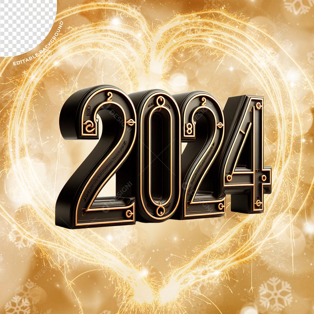 Número 2024 de Ano Novo Elemento 3D Preto Dourado para Composição PSD
