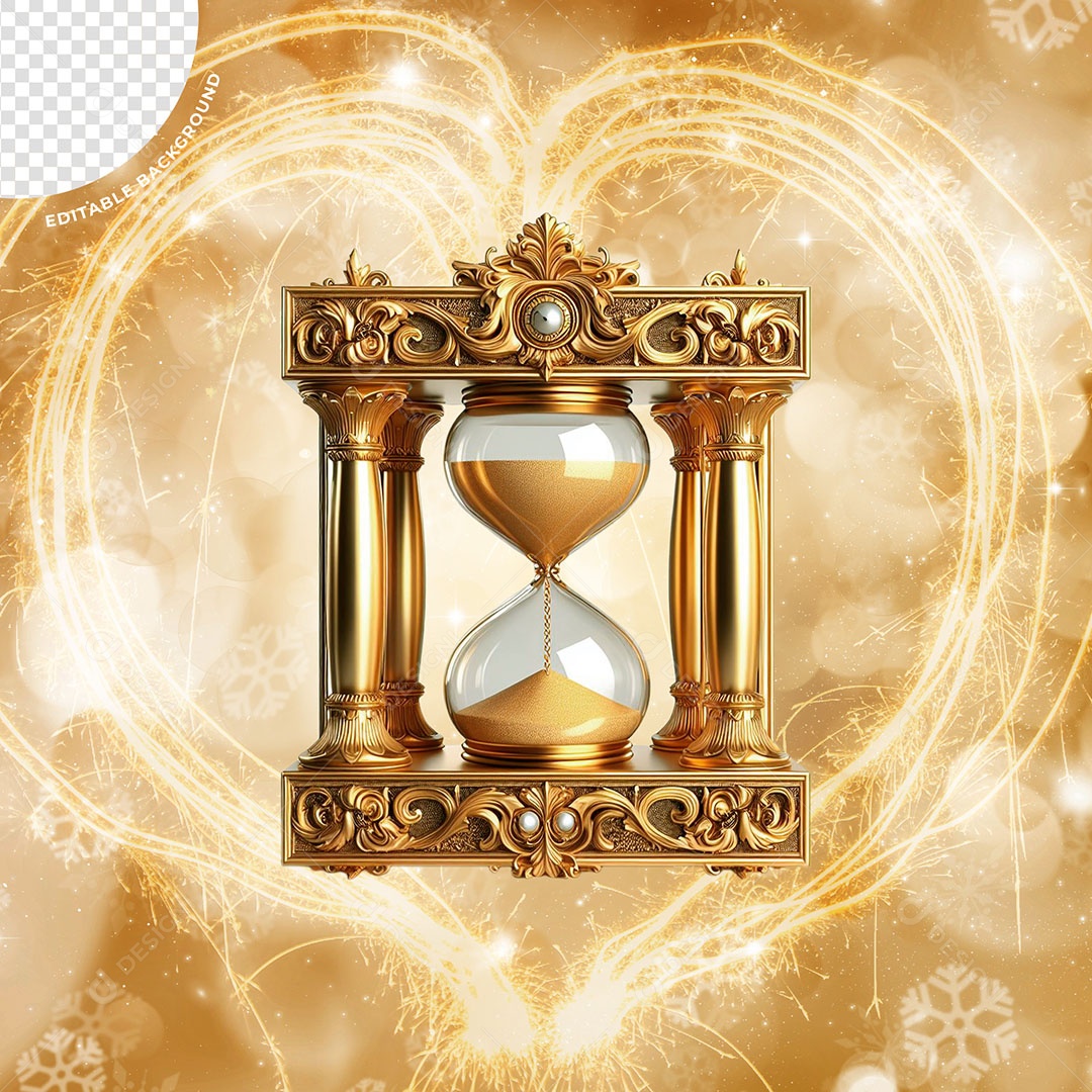 Ampulheta de Ano Novo Elemento 3D Dourada para Composição PSD