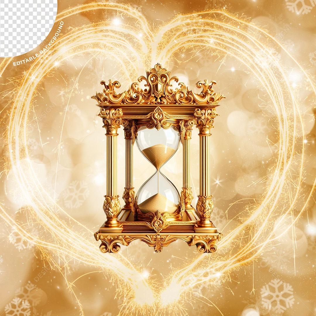 Ampulheta de Ano Novo Dourada Elemento 3D para Composição PSD