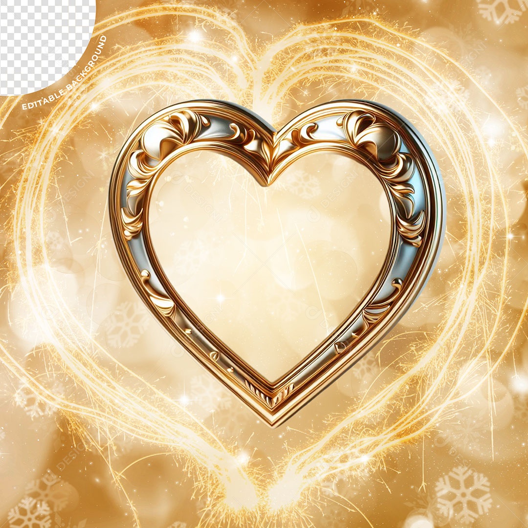 Coração Elemento 3D Dourado para Composição PSD