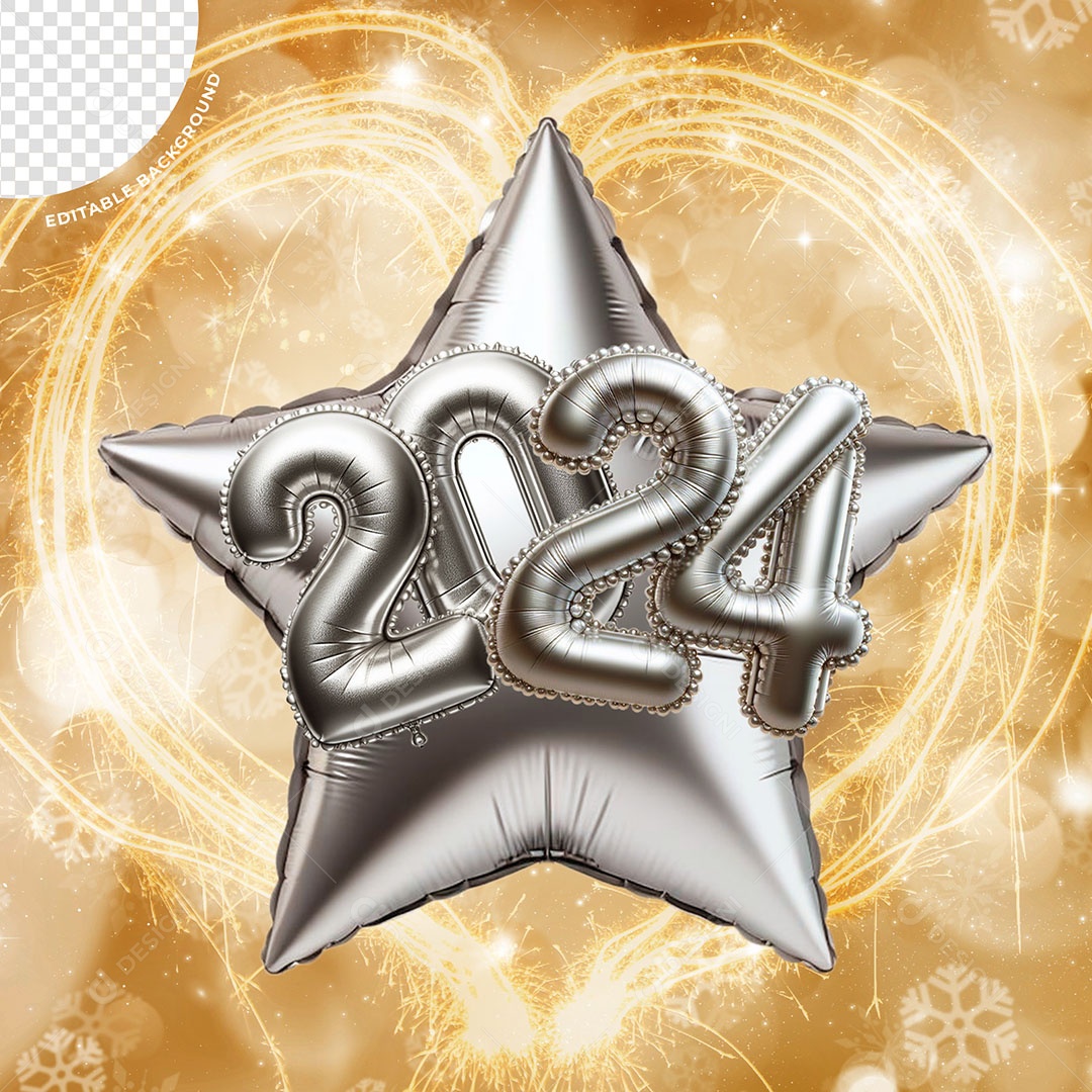 Balão 2024 Elemento 3D Prata para Composição PSD