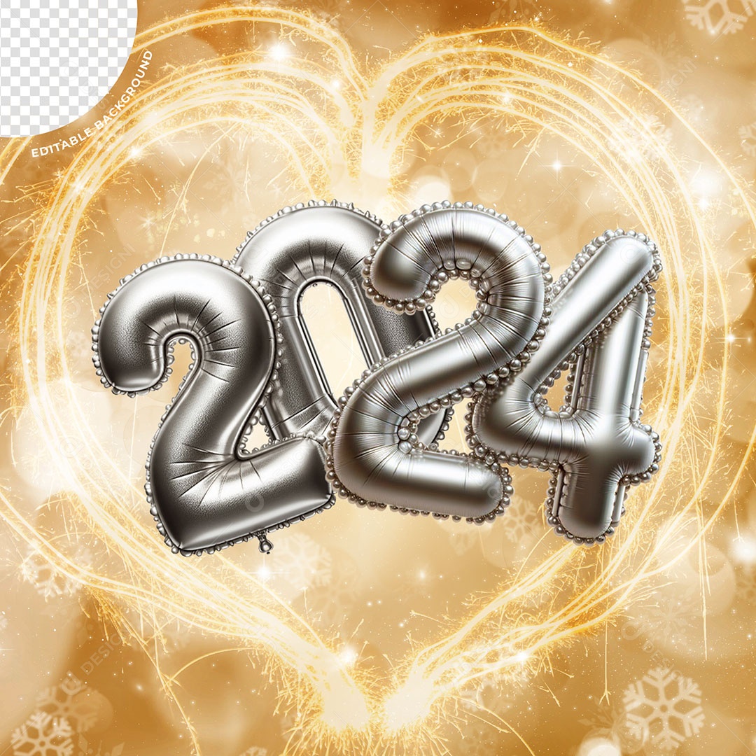 Balões 2024 Elemento 3D Prata para Composição PSD