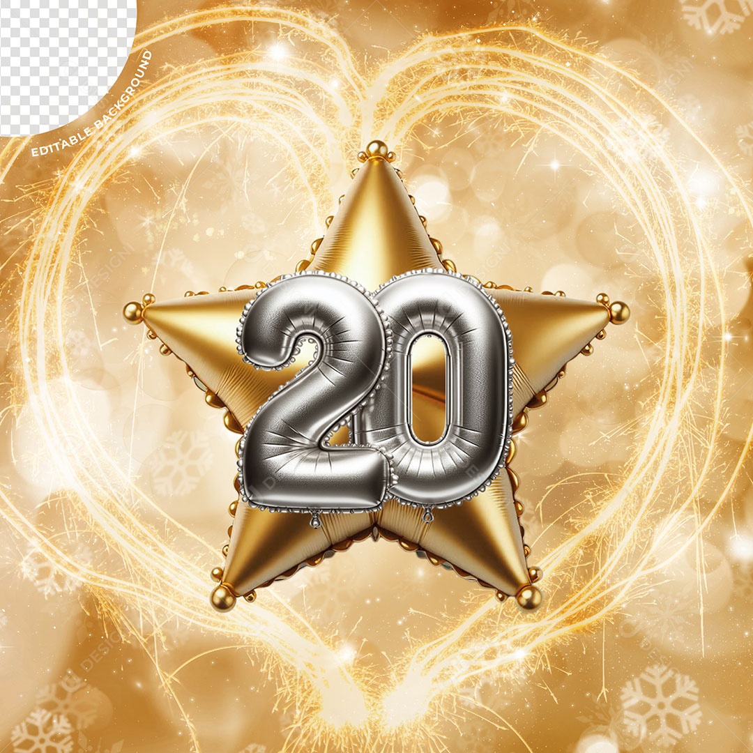 Balão Esrtela e Balões 20 Elemento 3D Dourado Prata para Composição PSD
