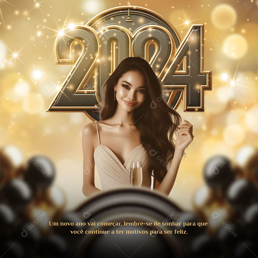 2024 um Novo Ano Começa Lembre-se de Sonhar Social Media PSD Editável