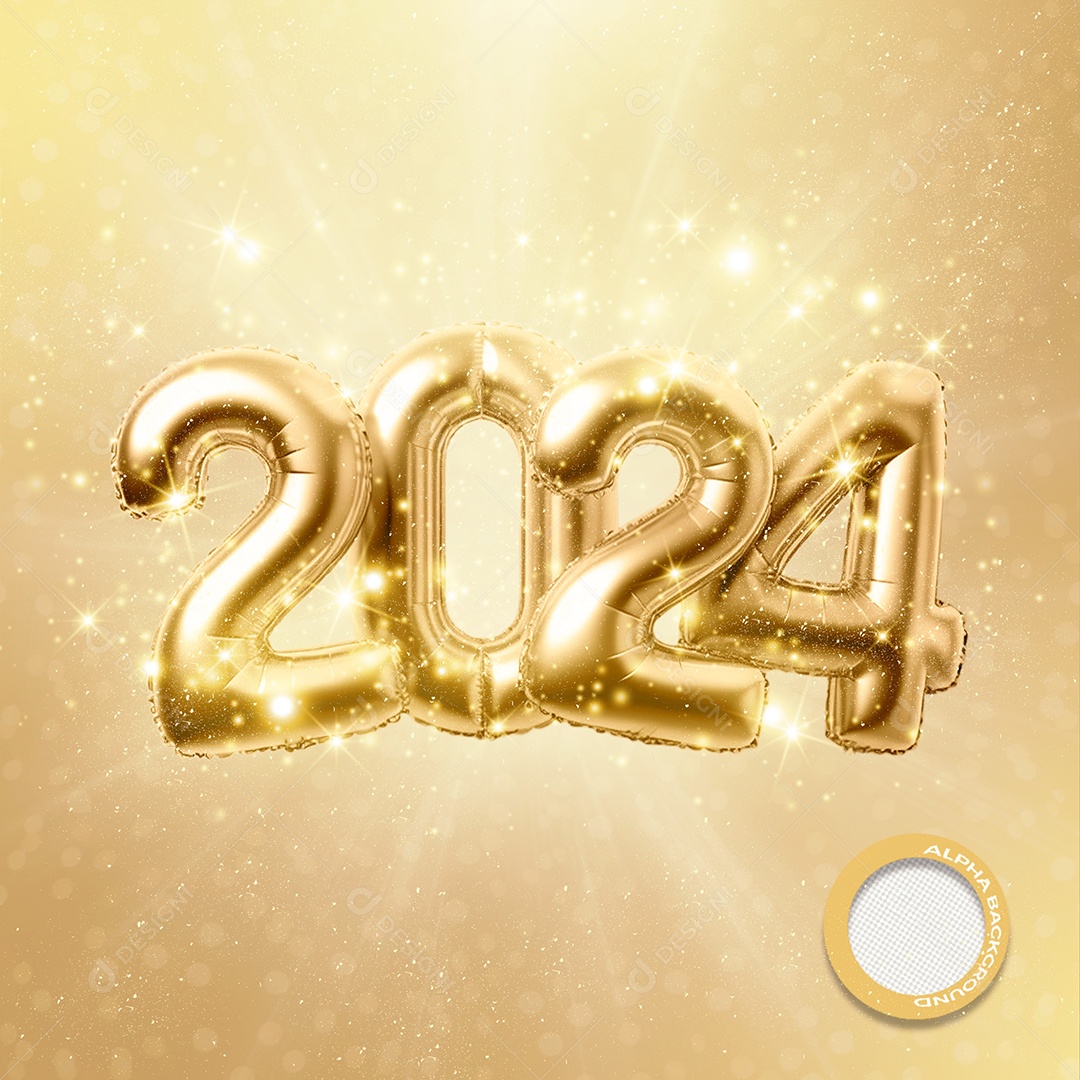 Número 3D 2024 Balão Dourado Para Composição PSD
