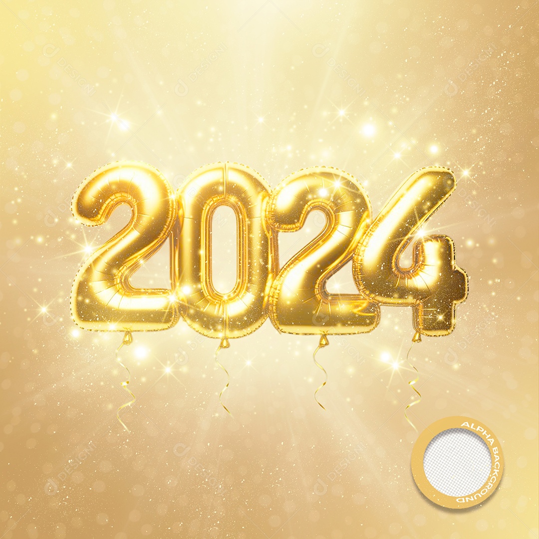 Número 3D 2024 Balão Dourado Para Composição PSD