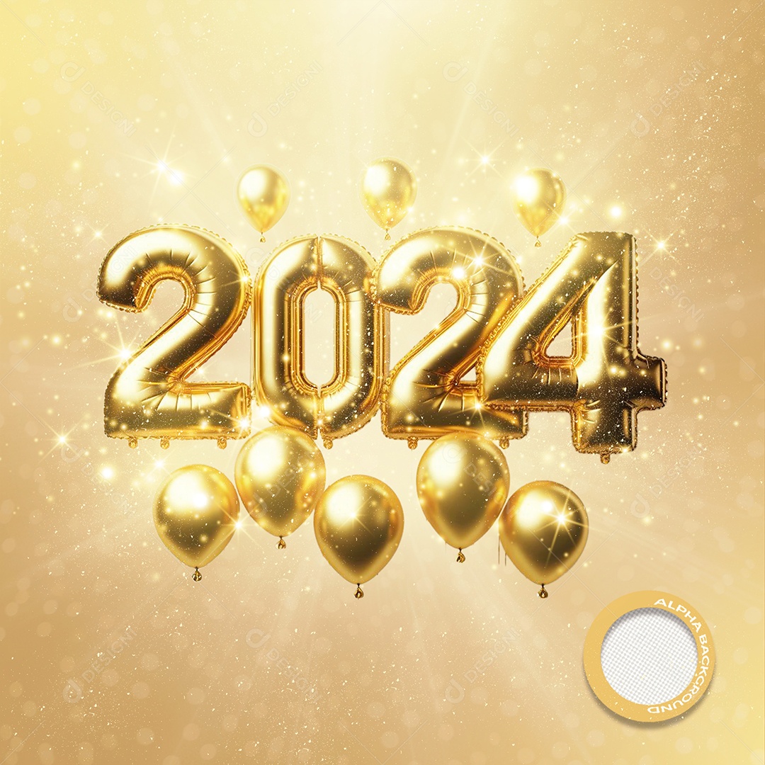 Elemento 3D Número 2024 Balão Dourado Para Composição PSD