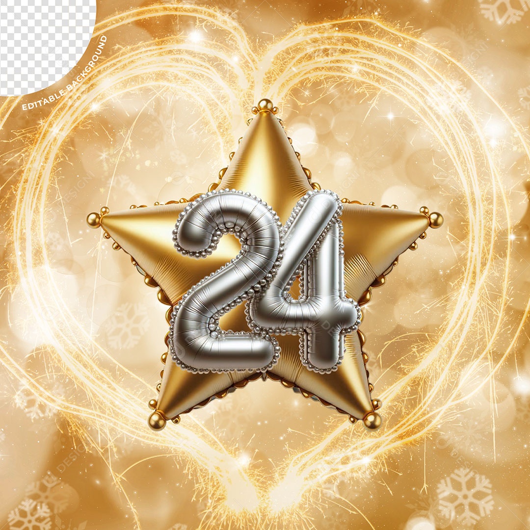 Estrela com Número 24 Elemento 3D Dourado Prata para Composição PSD